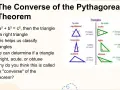 La contraposée de Pythagore explique comment identifier un triangle rectangle. L'image montre des classifications de triangles par leurs côtés et angles.