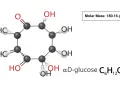 Représentation de la formule chimie de l'alpha-D-glucose, une molécule de sucre. Masse molaire : 180.16 g/mol.