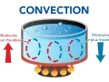Schéma illustrant la **convection** de l'eau dans une casserole chauffée. Les molécules chaudes montent, les froides descendent, créant un cycle. Le rayonnement et la conduction sont aussi des modes de transfert de chaleur.