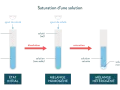 Illustration de la solubilité du sel dans l'eau : ajout de sel à l'eau, dissolution puis saturation avec sel non dissous.