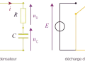 Schémas de charge et décharge d'un condensateur en physique terminale, montrant un circuit RC avec une source de tension.