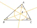 Triangle ABC avec un cercle passant par ses sommets. Les médiatrices se coupent en I, illustrant la définition du cercle circonscrit.