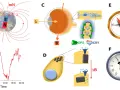 Schéma illustrant le champ magnétique terrestre, son enregistrement, et son interaction potentielle avec des cellules oculaires et des particules magnétiques.