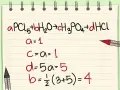 Équation de réaction chimique : aPCl₅ + bH₂O → cH₃PO₄ + dHCl. Les coefficients a=1, c=1, d=5, et b=4 sont calculés.