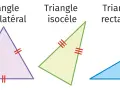 Trois triangles : équilatéral (trois côtés égaux), isocèle (deux côtés égaux) et rectangle.