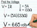 Calcul tension : V = IR, avec I=5A et R=1.33Ω. Le calcul donne V = 6.65 volts.