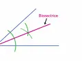 Construction de la bissectrice d'un angle. Deux arcs de cercle verts indiquent le point d'intersection, formant la bissectrice rose.