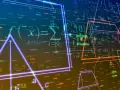 Formules de maths terminale flottant dans l'espace, avec des formes géométriques lumineuses et des chiffres.