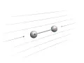 Un dipôle électrique, une sphère positive et une sphère négative reliées, est placé dans un champ électrique représenté par des lignes parallèles.