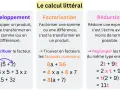 Le calcul littéral explique comment factoriser une expression en trouvant les facteurs communs, comme dans l'exemple 8a + 56 = 8(a + 7).
