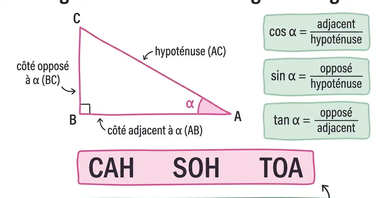 Triangle rectangle avec définitions du sinus, cosinus et tangente. CAH SOH TOA pour mémoriser.