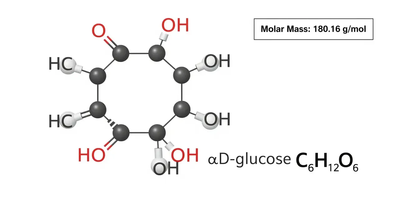 Représentation de la formule chimie de l'alpha-D-glucose, une molécule de sucre. Masse molaire : 180.16 g/mol.