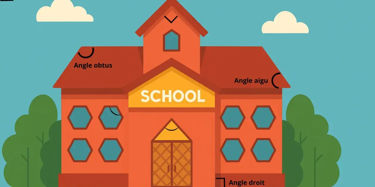 Une école illustrée avec des angles marqués : obtus, aigu et droit. Apprendre à mesurer un angle devient amusant.