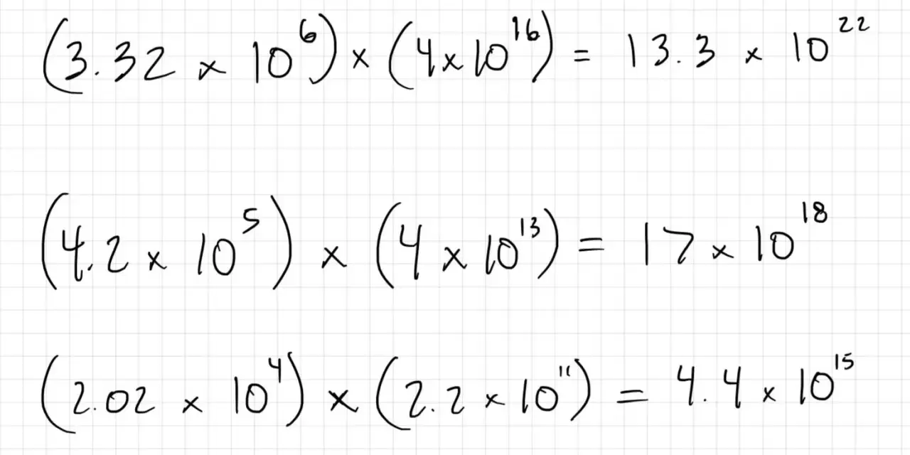 Calculs de multiplication de nombres en notation scientifique, illustrant l'utilisation des chiffres significatifs en physique.