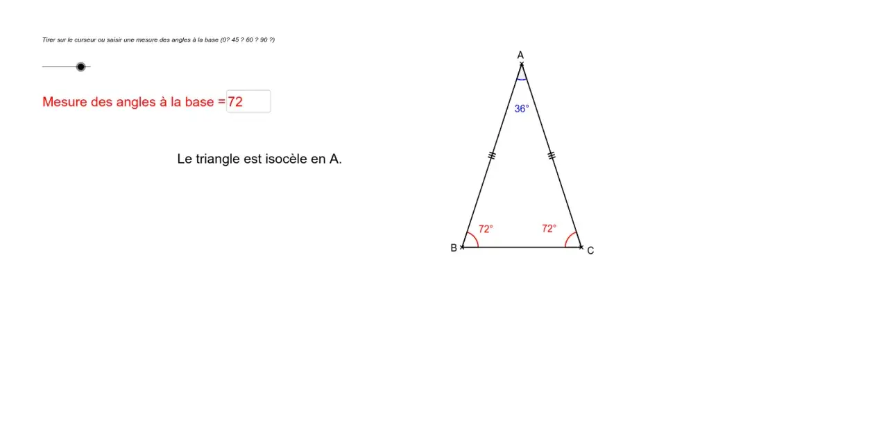 Triangle isocèle ABC avec angles à la base de 72° et angle au sommet de 36°.