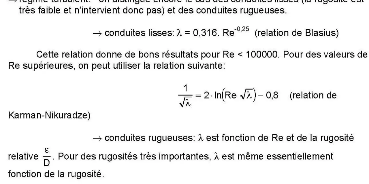 Formules décrivant le régime d'écoulement : λ = f(Re) pour les conduites lisses et rugueuses, avec la rugosité relative ε/D.
