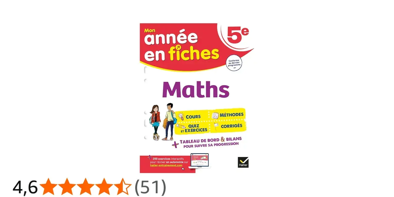 Livre "Mon année en fiches Maths 5ème" avec cours, méthodes, quiz et corrigés pour suivre sa progression.