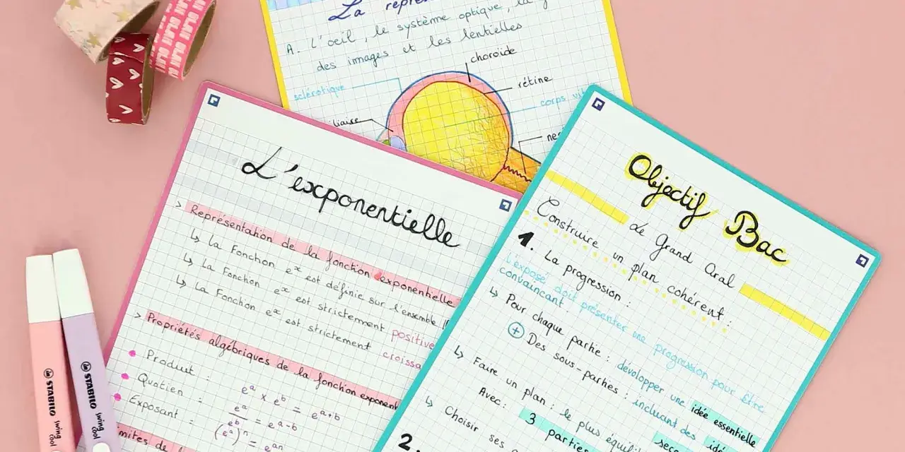 Cahiers de révision seconde : sciences, fonction exponentielle, et objectif bac. Notes manuscrites et surligneurs.