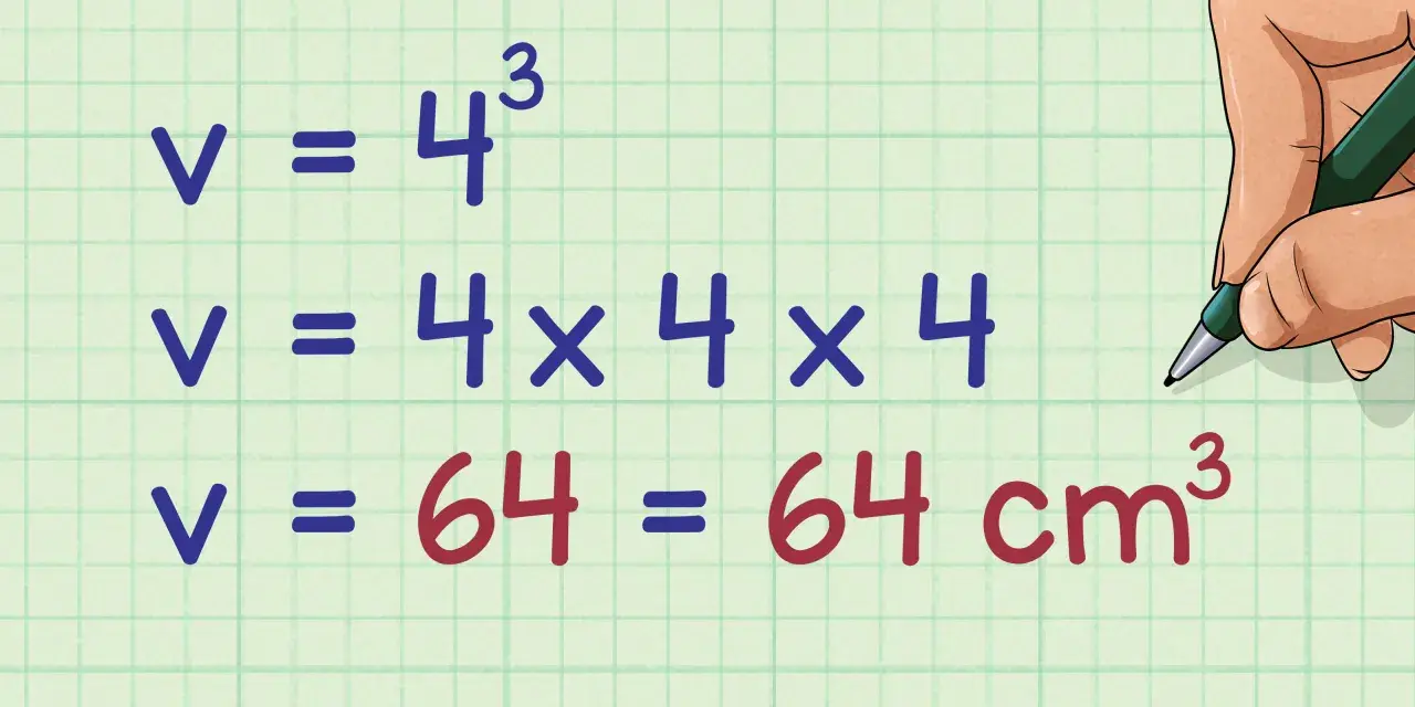 Calcul de l'aire d'un cube : V = 4³ = 4x4x4 = 64 cm³.
