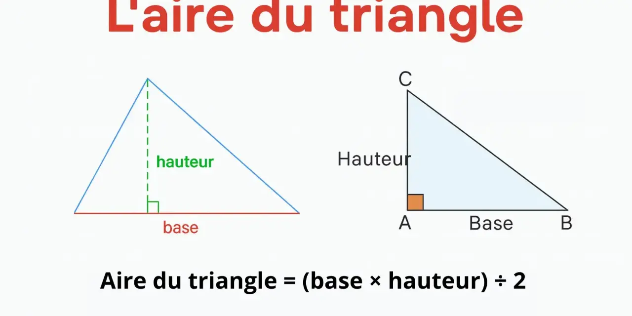 Deux triangles illustrent le calcul de la surface d'un triangle : base et hauteur sont indiquées. La formule est : (base × hauteur) ÷ 2.