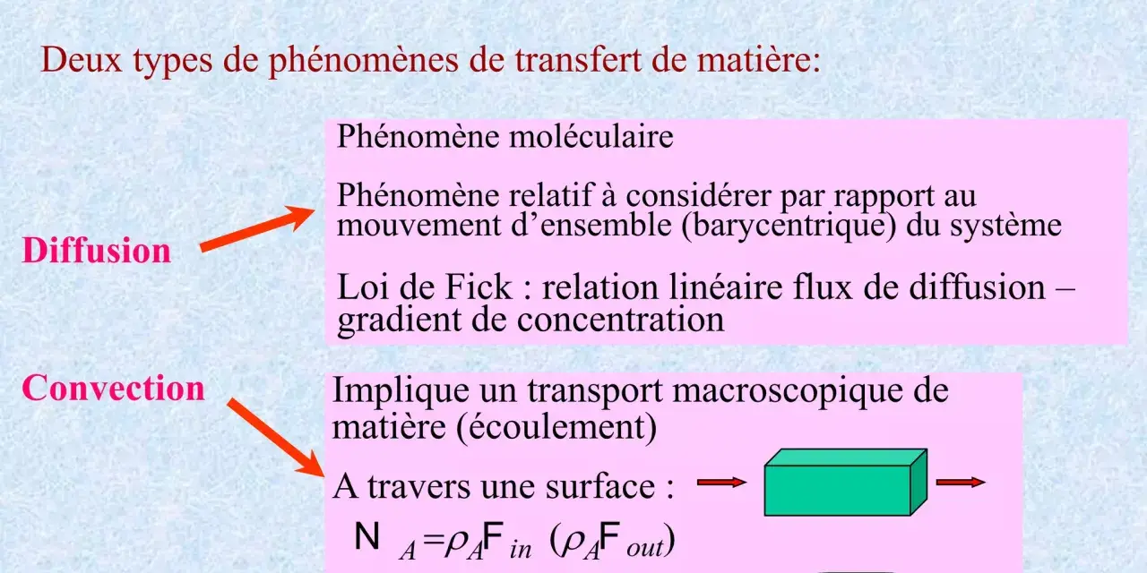 La diffusion est liée à un gradient de concentration, expliquant le flux de matière. La convection implique un transport macroscopique.