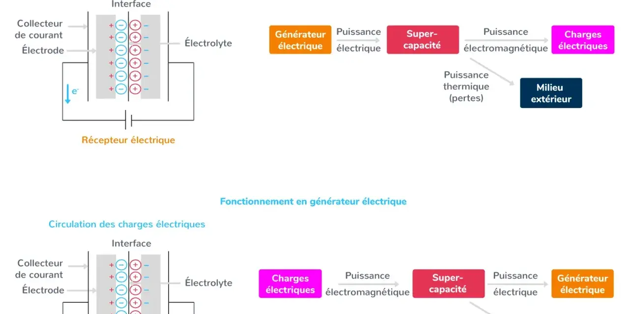 Schéma illustrant le fonctionnement d'une super-capacité en récepteur et générateur, essentiel pour l'enseignement scientifique sur deux siècles d'énergie électrique.