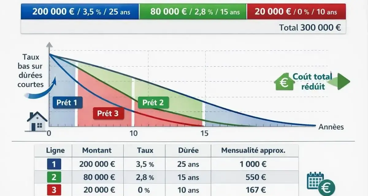 Schéma de prêt multi-lignes illustrant les mathématiques financières avec des taux dégressifs sur la durée.