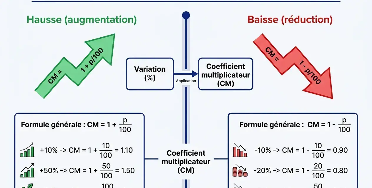 Infographie montrant comment calculer un pourcentage de baisse avec des exemples concrets.
