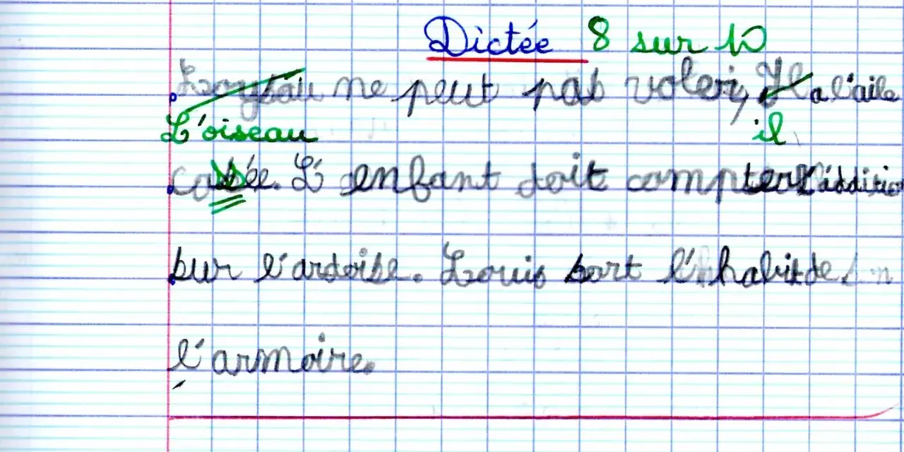 Dictée 8/10. L'oiseau ne peut pas voler. L'enfant doit compter. Louis sort l'habit de l'armoire. Révision CE1.