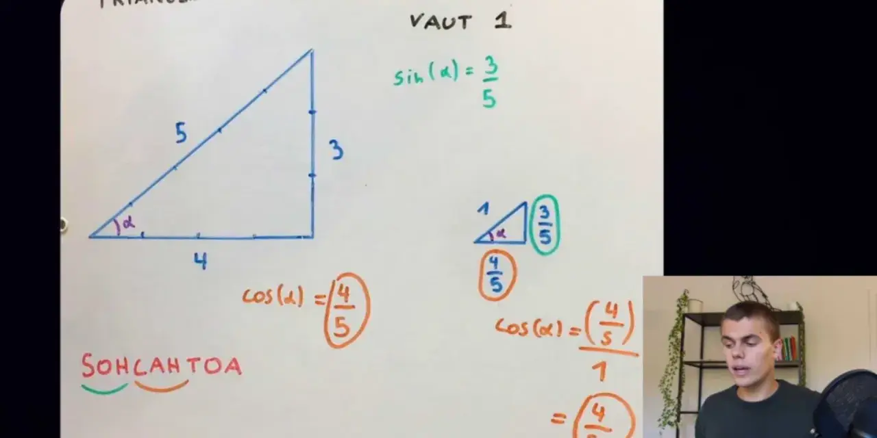 Triangle rectangle avec hypoténuse 5, côté adjacent 4, côté opposé 3. Calcul de cosinus.