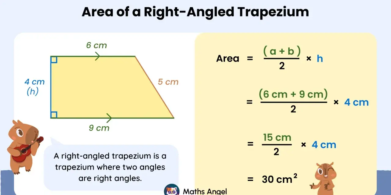 Calcul de l'aire d'un trapèze rectangle avec 2 angles droits. Bases 6 et 9 cm, hauteur 4 cm. Résultat 30 cm².