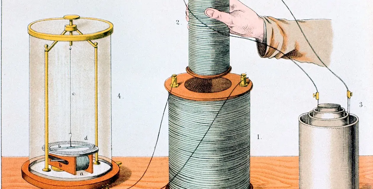 Illustration d'une expérience d'induction électromagnétique : une bobine est déplacée près d'une autre, connectée à une pile.