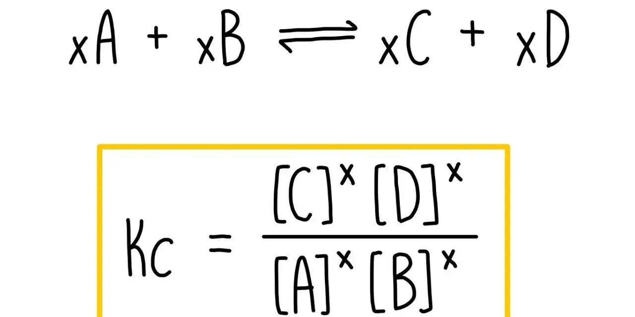 La formule de la constante d'équilibre Kc pour la réaction xA + xB ⇌ xC + xD.
