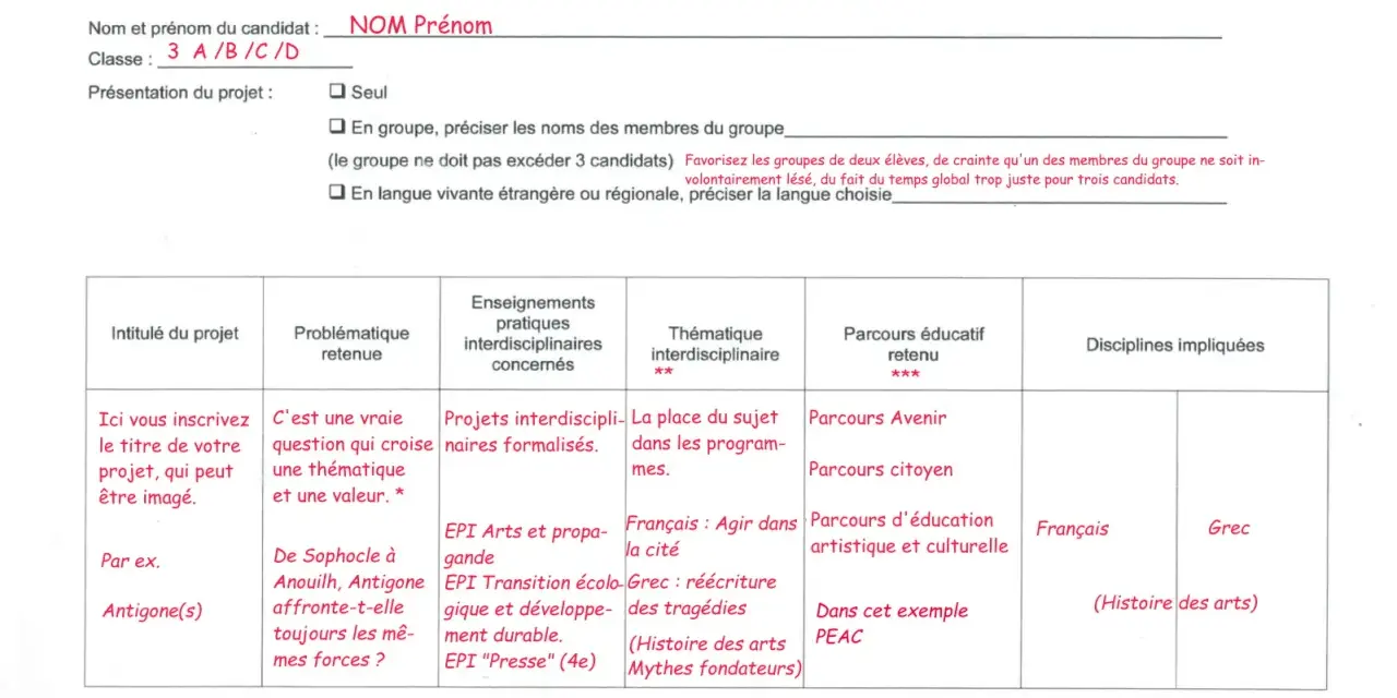 Formulaire pour l'oral du brevet, détaillant le projet, la problématique, les enseignements, la thématique, le parcours éducatif et les disciplines impliquées.