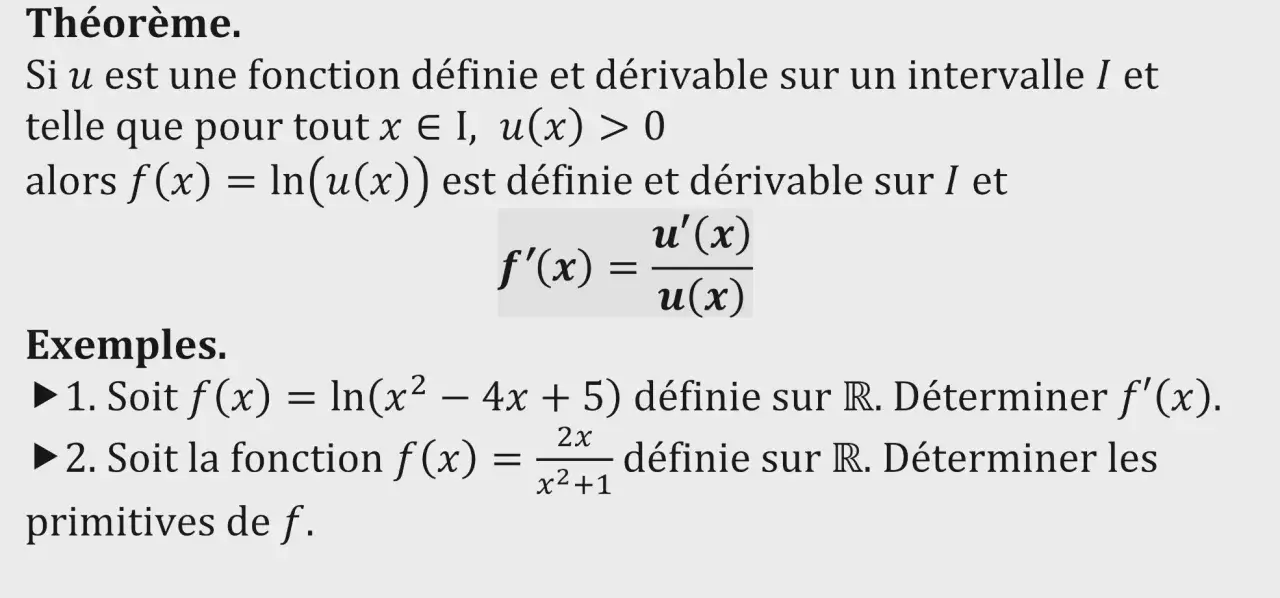 Théorème sur la dérivée de ln(u(x)) : f'(x) = u'(x)/u(x). Exemples d'application.