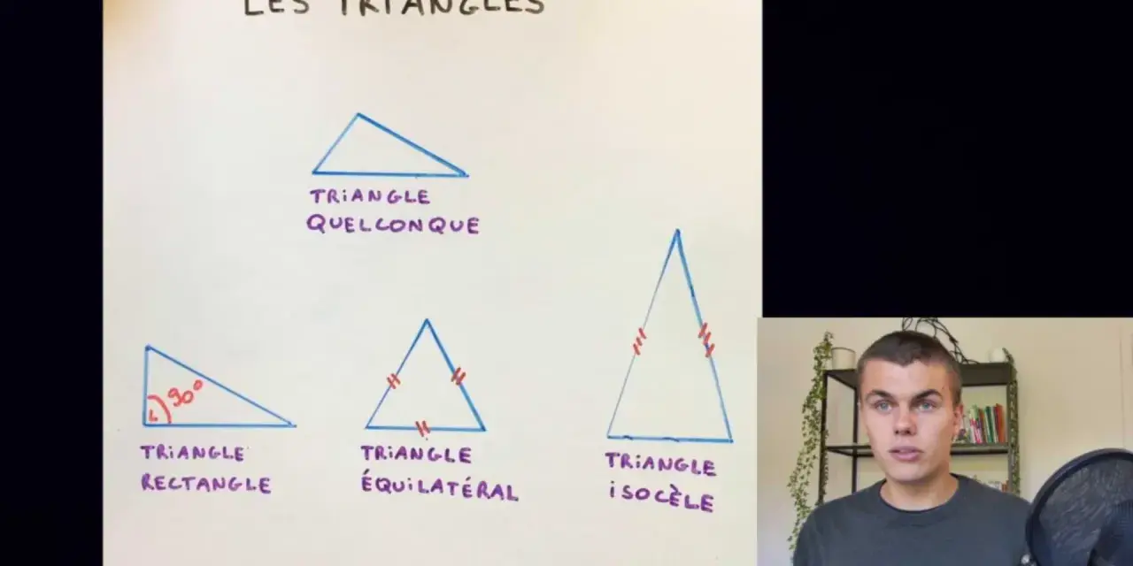 Les triangles : un triangle quelconque, un triangle rectangle, un triangle équilatéral et un triangle isocèle.