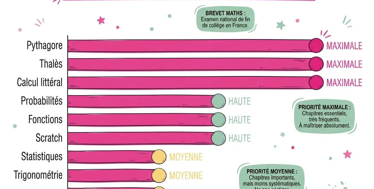 Fréquence des chapitres au Brevet Maths : priorité maximale pour Pythagore, Thalès, Calcul littéral. Correction brevet maths essentielle.