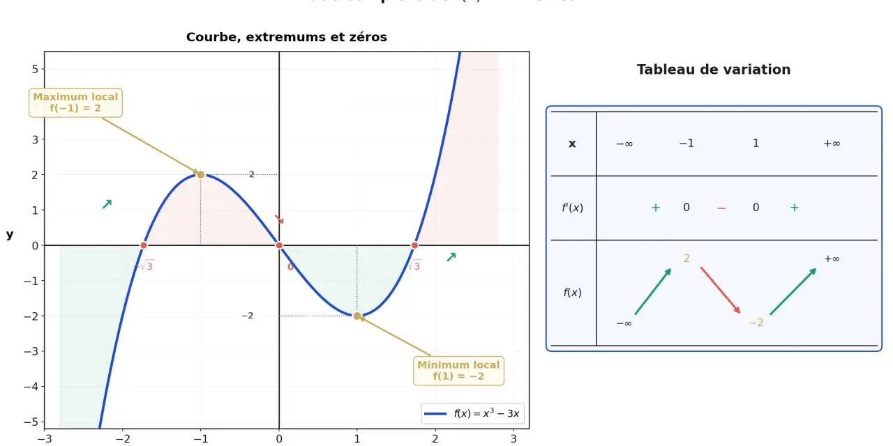 Étude de la fonction mathématique f(x) = x³ - 3x : courbe, extremums, zéros et tableau de variation.