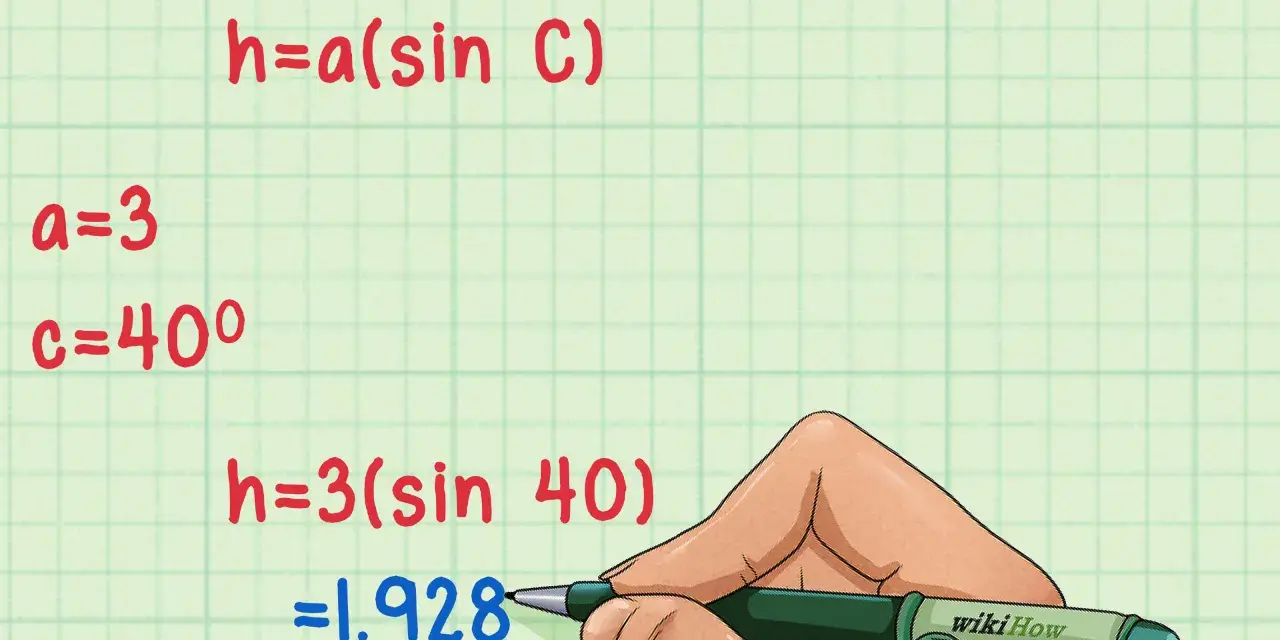 Calculer la hauteur d'un triangle : une main écrit la formule h=a(sin C) et applique les valeurs a=3, c=40°, pour obtenir h=1.928.