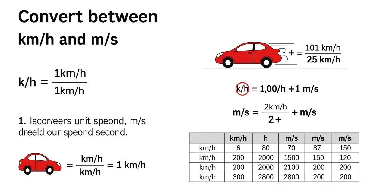 Explication du calcul km/h et m/s avec des formules et un tableau de conversion.
