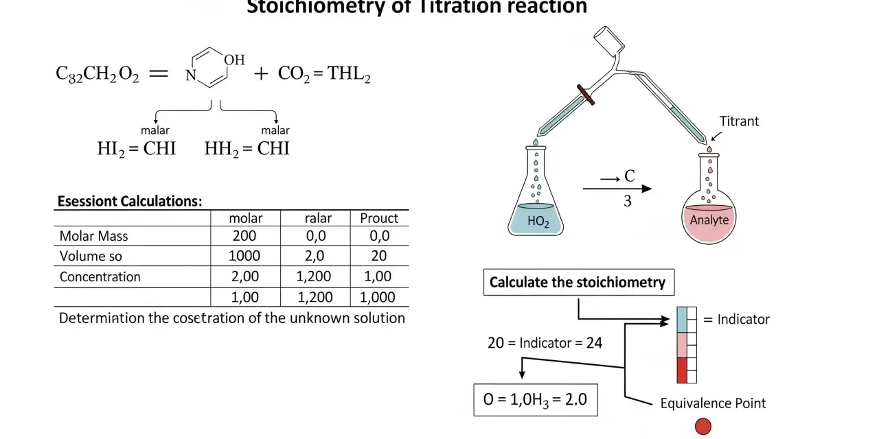 Schéma illustrant une réaction de titrage, avec une formule chimique, un tableau de calculs et un schéma de titrage pour déterminer le rapport stoechiométrique.