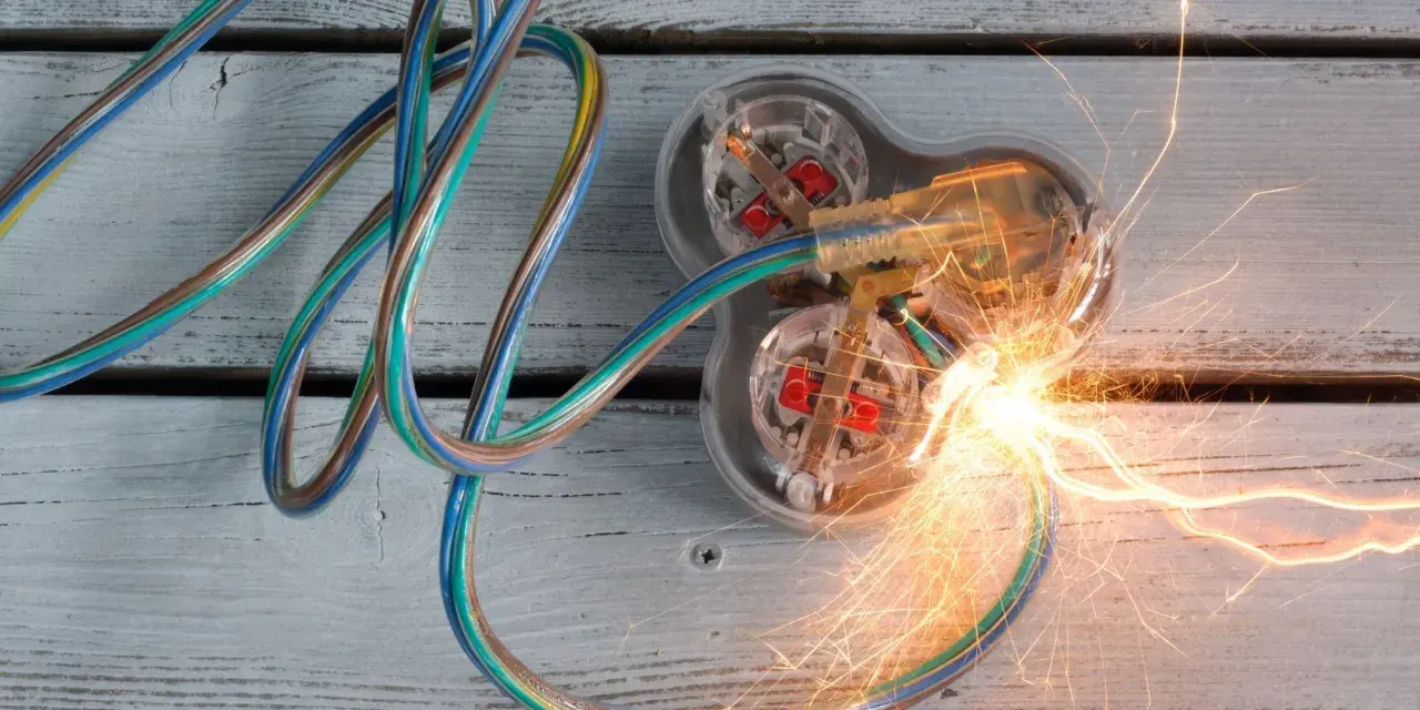 Des fils électriques colorés s'entremêlent, menant à une prise transparente où un court circuit provoque des étincelles vives.