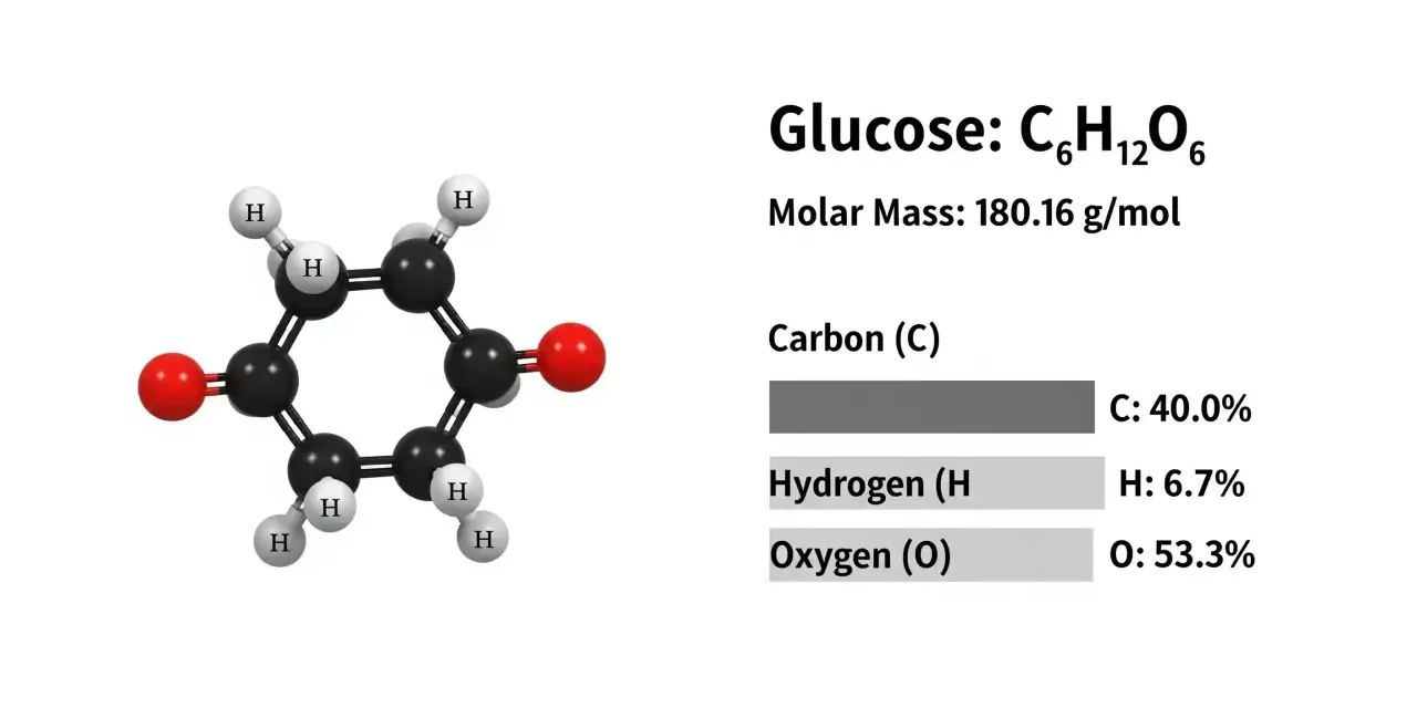 Structure moléculaire du glucose (C₆H₁₂O₆) avec sa masse molaire et la composition élémentaire, utile pour calculer la concentration molaire.