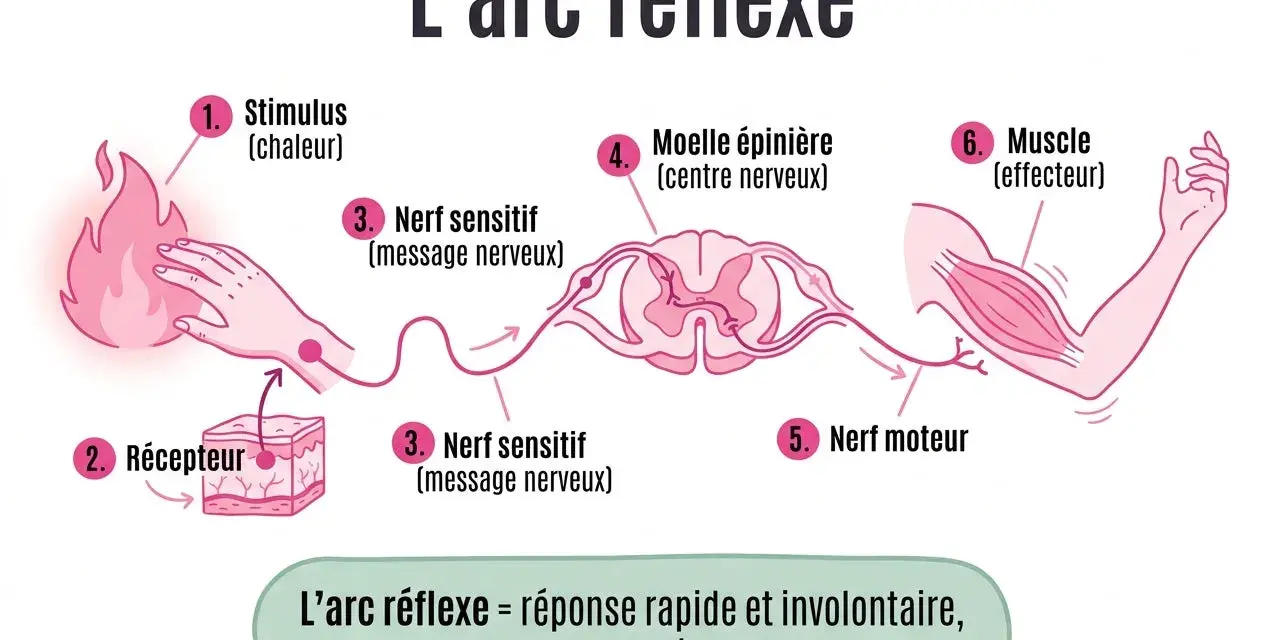 Schéma illustrant l'arc réflexe : stimulus (chaleur), récepteur, nerf sensitif, moelle épinière, nerf moteur, muscle. Utile pour la correction brevet SVT.
