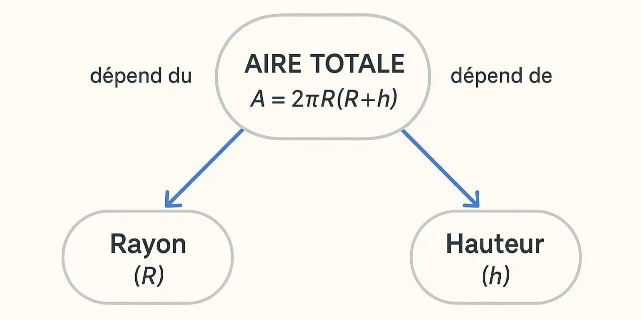 Diagramme montrant que l'aire totale d'un **surface cylindre** dépend du rayon (R) et de la hauteur (h), selon la formule A = 2πR(R+h).