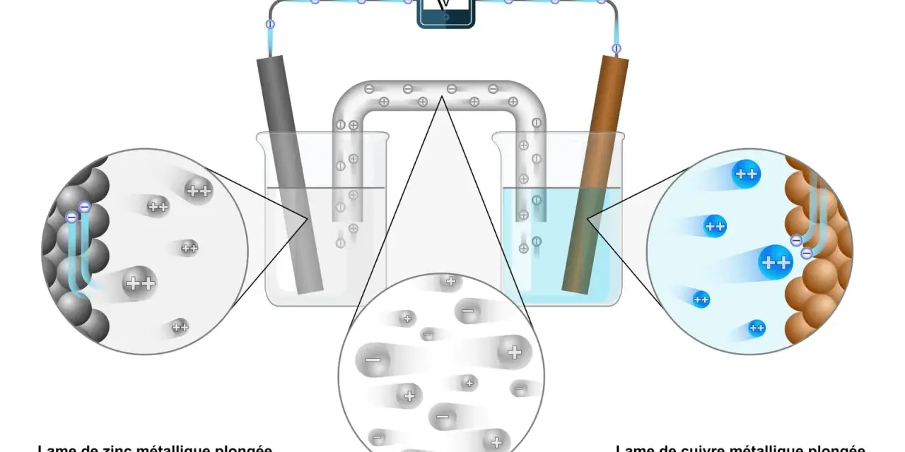Schéma d'une pile électrochimique : une lame de zinc et une lame de cuivre dans des solutions de leurs sulfates respectifs, reliées par un voltmètre.