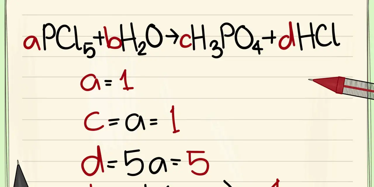 Équation de réaction chimique : aPCl₅ + bH₂O → cH₃PO₄ + dHCl. Les coefficients a=1, c=1, d=5, et b=4 sont calculés.