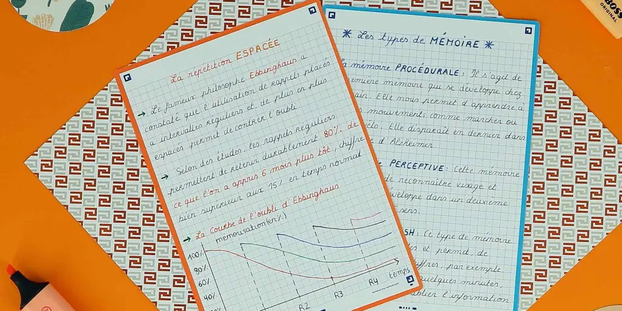 Fiche révision 4ème à imprimer gratuit : notes sur la mémoire, la répétition espacée et les types de mémoire.