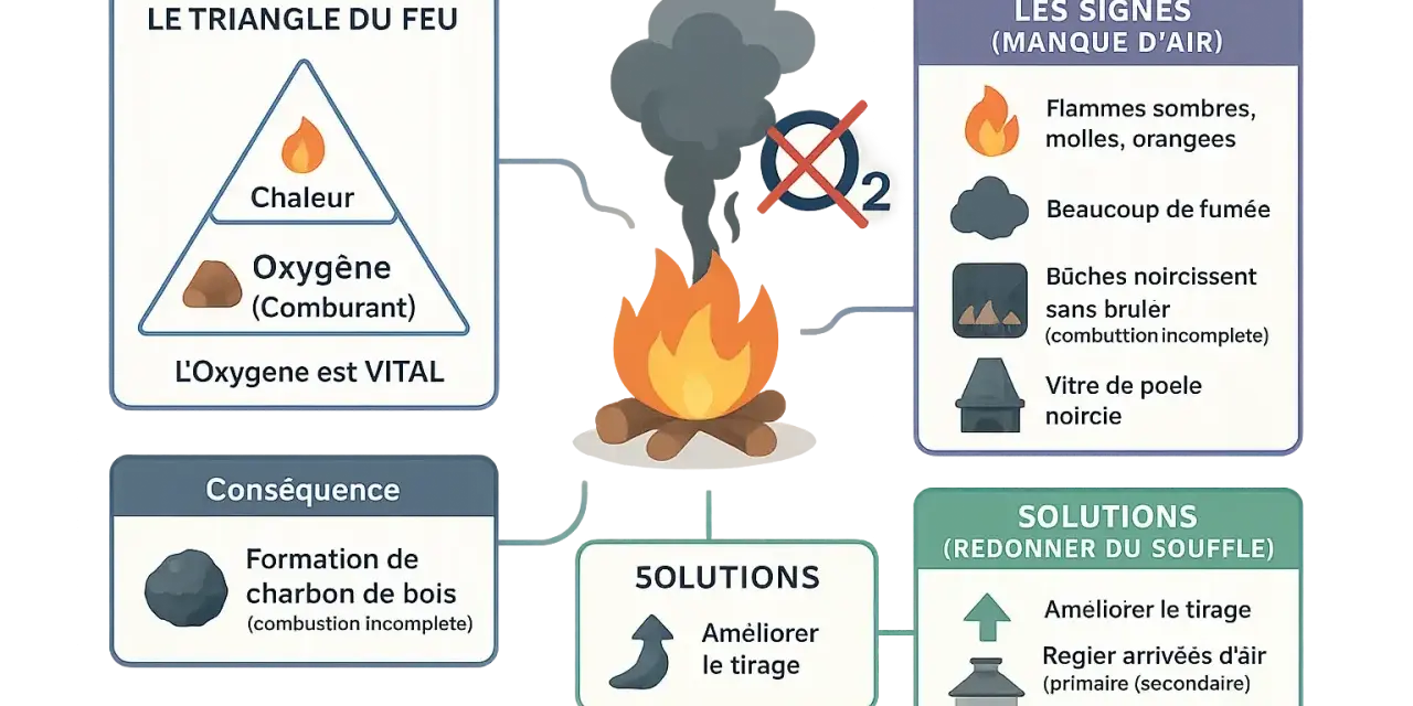 Le feu produit de la fumée et des flammes molles, signe d'une combustion incomplète. Pour y remédier, il faut améliorer le tirage.