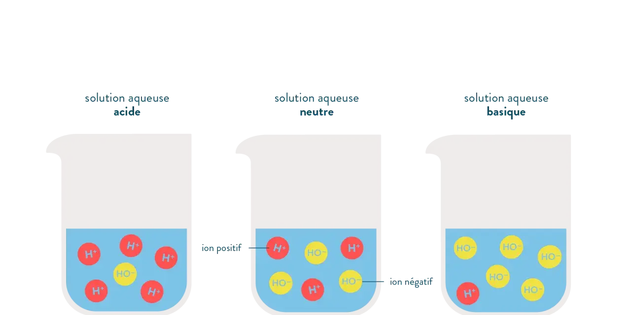 Trois béchers illustrent l'ionisation de l'eau : acide (excès H+), neutre (H+ et HO- équilibrés), basique (excès HO-).
